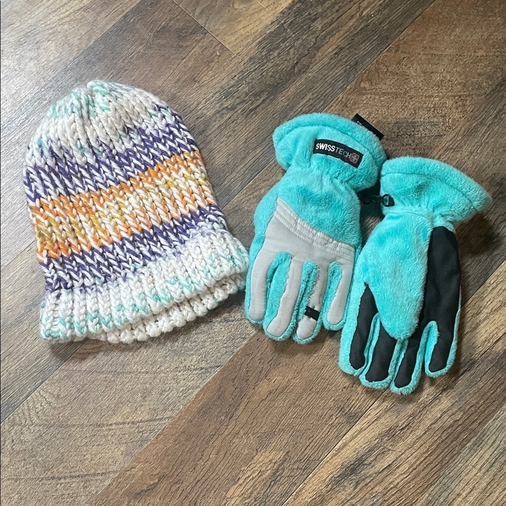 SWISS TECH Kids' Teal and Gray Winter Gloves and Multicolor Knit Hat Set